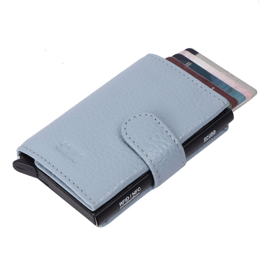Vivid blue slim wallet made of genuine leather with RFID protection and smart card holder design.
