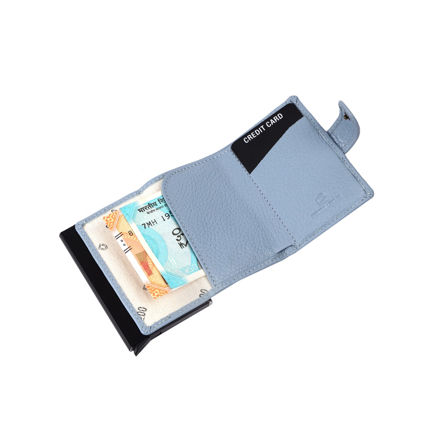 Blue slim wallet in premium leather, featuring RFID protection, card holder, and aluminum compartment for stylish and smart organization.