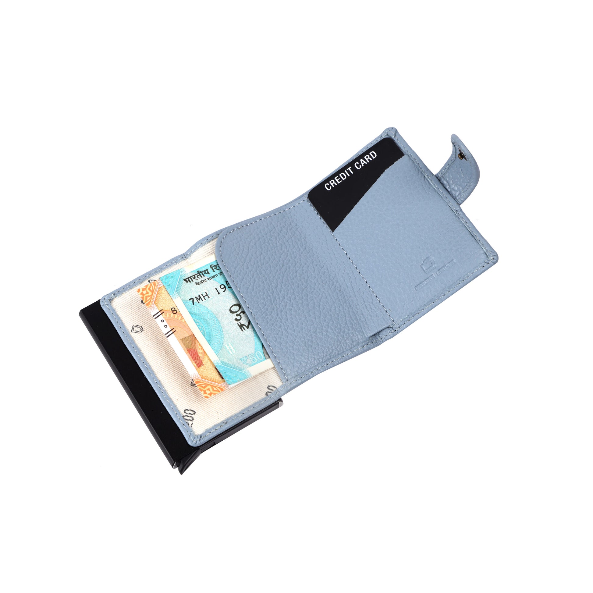 Blue slim wallet in premium leather, featuring RFID protection, card holder, and aluminum compartment for stylish and smart organization.
