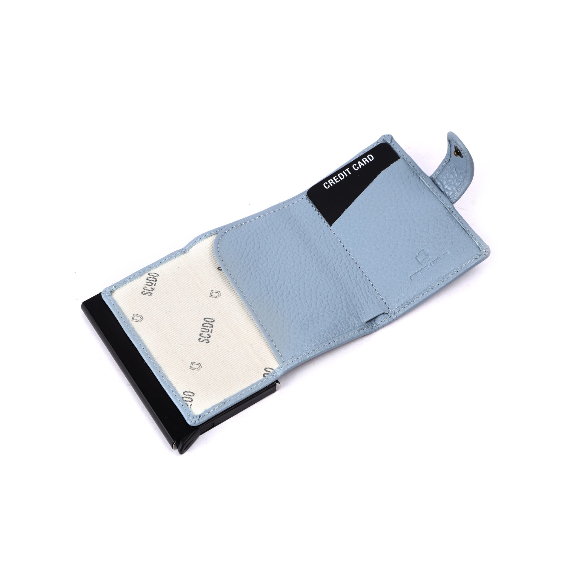 Vivid Slim Wallet in blue genuine leather with card slots, RFID protection, and coin pocket, offering stylish and compact functionality.